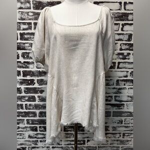Umgee Oatmeal Linen Blend Rustic Boho Lagenlook Ballon Sleeve Top Size M
